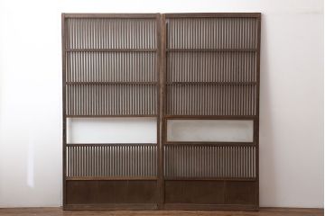 アンティーク家具　古民家スタイルにおすすめな格子戸2枚セット(ガラス帯戸、引き戸、建具)(R-044765)