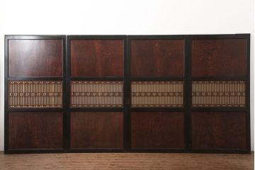 アンティーク建具 　激レア　明治大正期　新潟産　漆塗り　玉杢　組子入り板戸4枚セット(帯戸、障子戸、建具、引き戸)(R-044767)