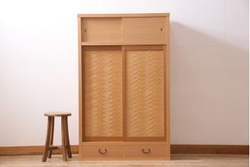 中古　美品　民芸家具　柄杓付き　網代仕上げ　優美な佇まいが魅力の置水屋(置き水屋、茶水屋、茶道具、煎茶棚、茶箪笥、戸棚)(R-044779)