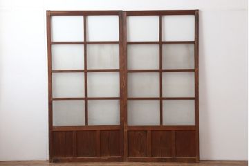 アンティーク建具　和製アンティーク　昭和中期　木味が魅力のレトロなガラス戸2枚セット(引き戸、建具)(R-044783)