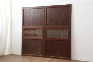 アンティーク建具　昭和初期　鏡板杉材一枚板　上品な和の雰囲気漂う組子帯戸2枚セット(引き戸、ガラス帯戸)(R-044784)