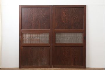 アンティーク建具　昭和初期　鏡板杉材一枚板　上品な和の雰囲気漂う組子帯戸2枚セット(引き戸、ガラス帯戸)(R-044784)