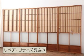 ビンテージ建具　昭和中期　レトロガラス入り　和レトロな空間づくりにおすすめな障子戸4枚セット(引き戸、建具)(R-044788)