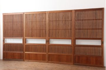 アンティーク建具　裏障子付き　昭和初期　和風の空間づくりにおすすめな格子戸4枚セット(ガラス帯戸、引き戸、建具)(R-044789)