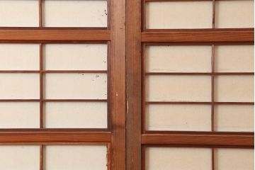 アンティーク建具　裏障子付き　昭和初期　和風の空間づくりにおすすめな格子戸4枚セット(ガラス帯戸、引き戸、建具)(R-044789)