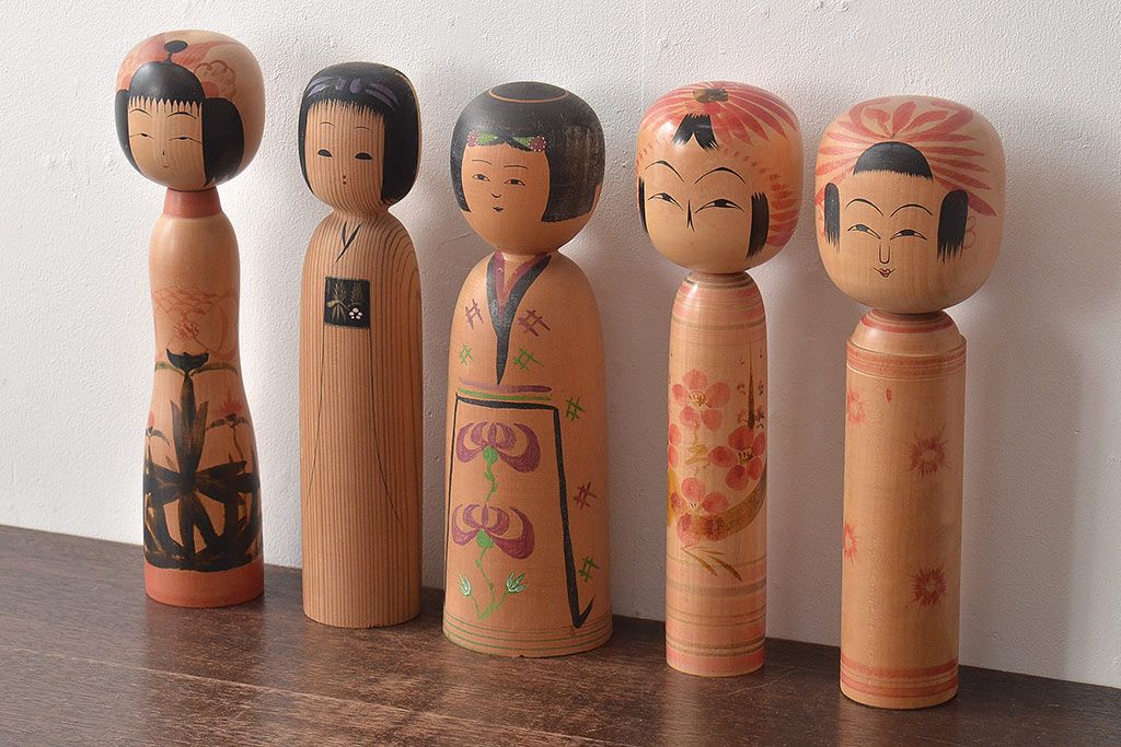 古い　伝統こけし5本(又三郎、春男、久一、庫治、郷土玩具)(R-044790)