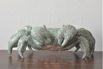 昭和初期　肥前　鍋島青山作　青磁　蟹置物(置き物、オブジェ)(R-044794)