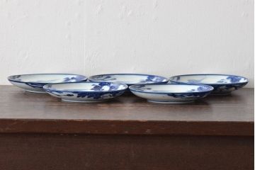 古い　陶玉園五助製　染付獅子図　小皿5枚(瀬戸)(R-044799)