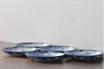 古い　陶玉園五助製　染付獅子図　小皿5枚(瀬戸)(R-044799)