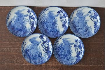 古い　陶玉園五助製　染付獅子図　小皿5枚(瀬戸)(R-044799)