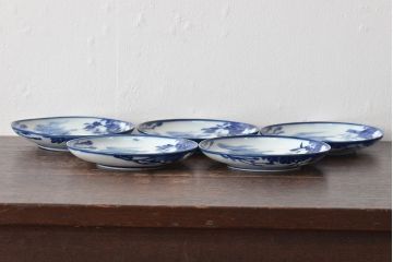 古い　陶玉園五助製　染付獅子図　小皿5枚(瀬戸)(R-044800)