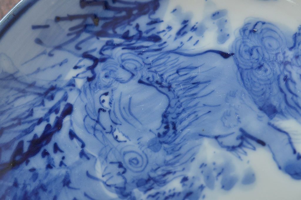 古い　陶玉園五助製　染付獅子図　小皿5枚(瀬戸)(R-044800)