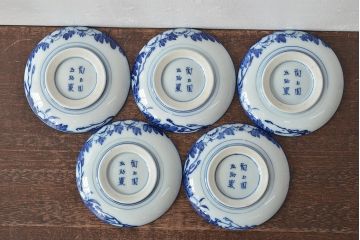 古い　陶玉園五助製　染付獅子図　小皿5枚(瀬戸)(R-044800)