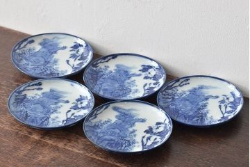 古い　陶玉園五助製　染付獅子図　小皿5枚(瀬戸)(R-044800)