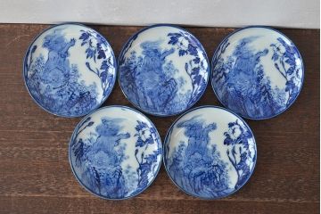 古い　陶玉園五助製　染付獅子図　小皿5枚(瀬戸)(R-044800)