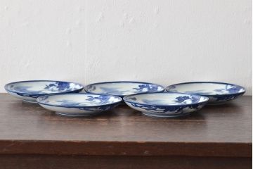 古い　陶玉園五助製　染付獅子図　小皿5枚(瀬戸)(R-044801)