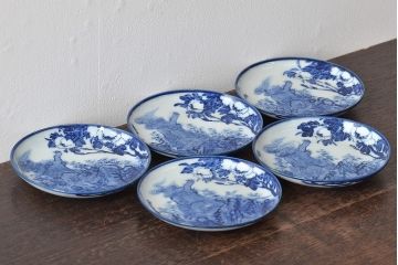 古い　陶玉園五助製　染付獅子図　小皿5枚(瀬戸)(R-044801)