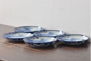 古い　陶玉園五助製　染付獅子図　小皿5枚(瀬戸)(R-044801)