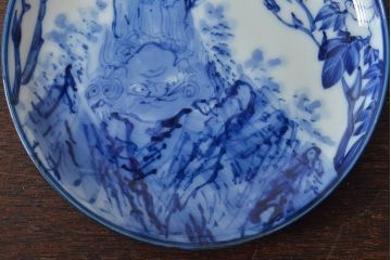 古い　陶玉園五助製　染付獅子図　小皿5枚(瀬戸)(R-044801)