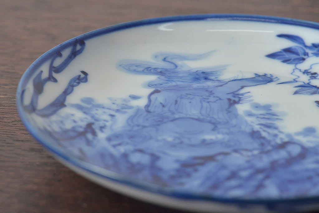 古い　陶玉園五助製　染付獅子図　小皿5枚(瀬戸)(R-044801)