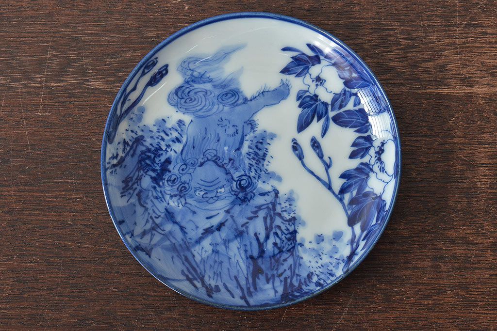 古い　陶玉園五助製　染付獅子図　小皿5枚(瀬戸)(R-044802)