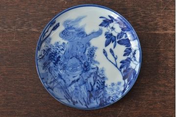 古い　陶玉園五助製　染付獅子図　小皿5枚(瀬戸)(R-044802)