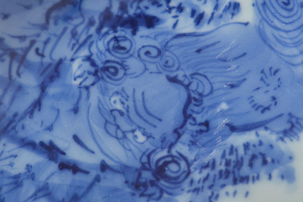 古い　陶玉園五助製　染付獅子図　小皿5枚(瀬戸)(R-044802)