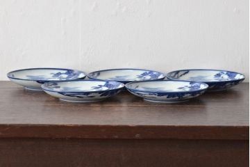 古い　陶玉園五助製　染付獅子図　小皿5枚(瀬戸)(R-044802)