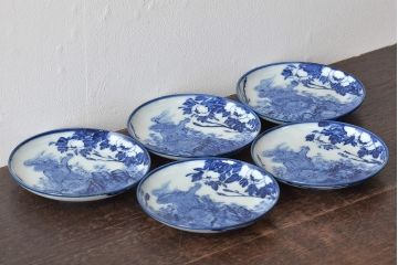 古い　陶玉園五助製　染付獅子図　小皿5枚(瀬戸)(R-044802)