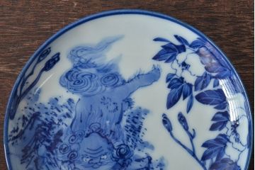 古い　陶玉園五助製　染付獅子図　小皿5枚(瀬戸)(R-044802)