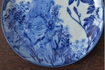 古い　陶玉園五助製　染付獅子図　小皿5枚(瀬戸)(R-044802)