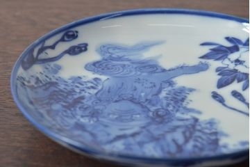 古い　陶玉園五助製　染付獅子図　小皿5枚(瀬戸)(R-044802)