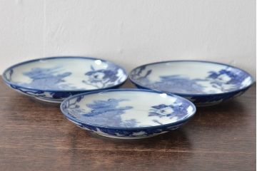 古い　陶玉園五助製　染付獅子図　小皿3枚(瀬戸)(R-044803)