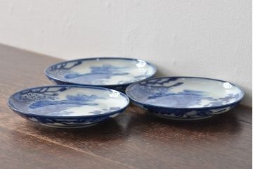 古い　陶玉園五助製　染付獅子図　小皿3枚(瀬戸)(R-044803)