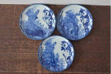 古い　陶玉園五助製　染付獅子図　小皿3枚(瀬戸)(R-044803)