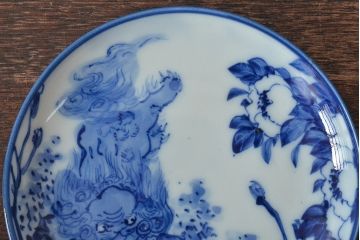 古い　陶玉園五助製　染付獅子図　小皿3枚(瀬戸)(R-044803)