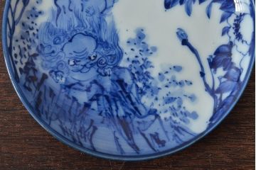 古い　陶玉園五助製　染付獅子図　小皿3枚(瀬戸)(R-044803)