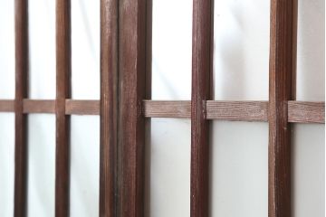 アンティーク建具　昭和中期　すりガラス入り　レトロな空間演出におすすめの格子入りガラス戸2枚セット(引き戸、建具)(R-044806)