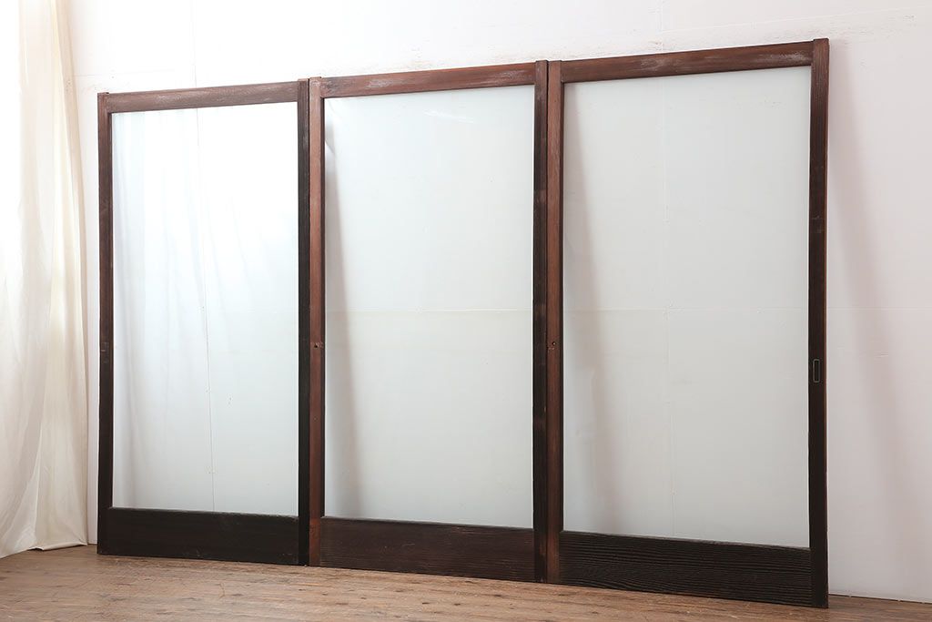 アンティーク建具　和製アンティーク　大判のゆらゆらガラスが魅力のガラス戸3枚セット(引き戸)(R-044809)