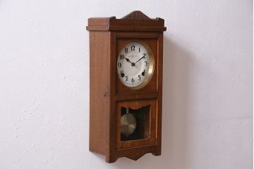 アンティーク時計　昭和初期　EIKOSHA(鶴巻時計店英工舎)　電池式　木の温もり感じる宮型掛時計(柱時計、振り子時計)(R-044817)