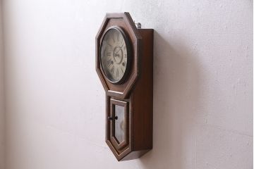 アンティーク時計　昭和初期　電子式　桔梗印　名古屋商事時計部(NAGOYASHOJI)　木目調のデザインがお洒落な八角柱時計(掛時計、ボンボン時計、振り子時計、林時計)(R-044818)