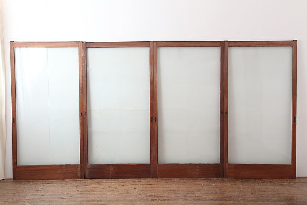 アンティーク建具　和製アンティーク　大判のゆらゆらガラスが魅力のガラス戸4枚セット(引き戸)(R-044841)