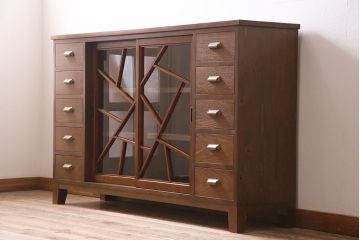 ラフジュ工房オリジナル　昭和初期　古建具リメイク　ユニークなデザインの格子戸を使ったサイドボード(リビングボード、サイドキャビネット、収納棚、戸棚)(R-044849)