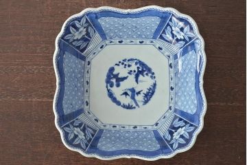 江戸期　上手物　古伊万里　窓絵染付　松竹梅見込　変形深鉢(深皿、和食器)(R-044862)