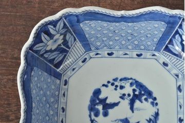 江戸期　上手物　古伊万里　窓絵染付　松竹梅見込　変形深鉢(深皿、和食器)(R-044862)