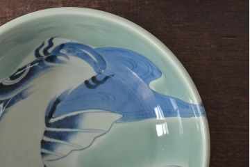 江戸期　古伊万里　染付　呉祥瑞銘　鯉の図　青磁　深皿(深鉢、和食器)(R-044863)
