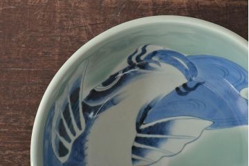 江戸期　古伊万里　染付　呉祥瑞銘　鯉の図　青磁　深皿(深鉢、和食器)(R-044863)