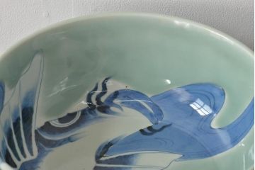 江戸期　古伊万里　染付　呉祥瑞銘　鯉の図　青磁　深皿(深鉢、和食器)(R-044863)