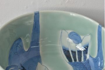 江戸期　古伊万里　染付　呉祥瑞銘　鯉の図　青磁　深皿(深鉢、和食器)(R-044863)