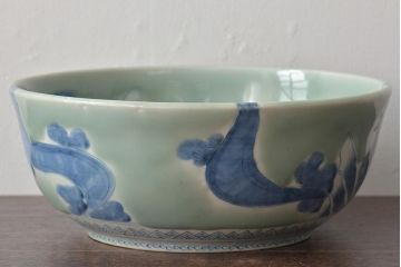 江戸期　古伊万里　染付　呉祥瑞銘　鯉の図　青磁　深皿(深鉢、和食器)(R-044863)